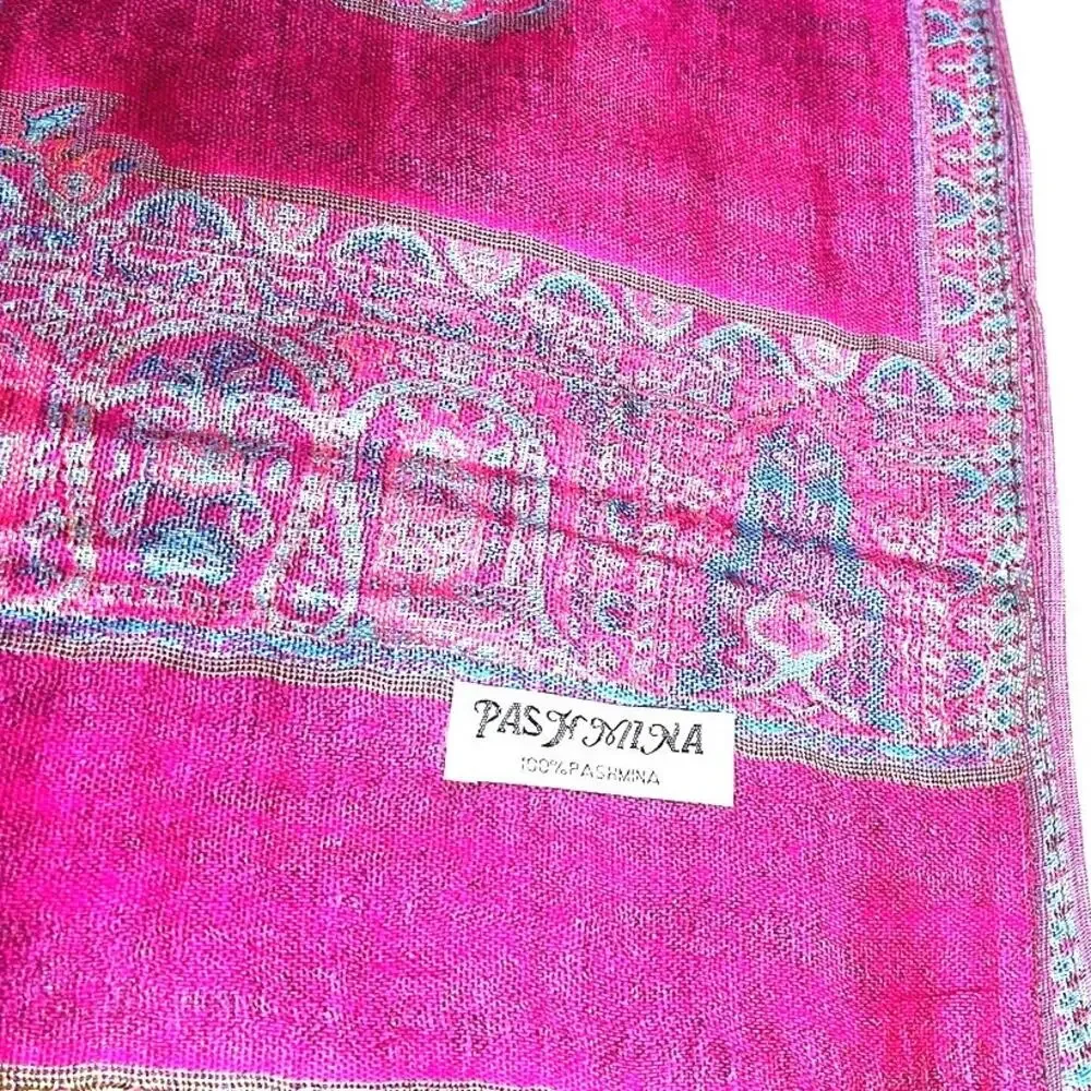 100 % Cashmere Pashmina Reversible Teal and Pink Butterflies and Medallion NWT